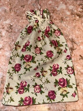 Floral Drawstring Pouch - Beige with Pink Rose Print